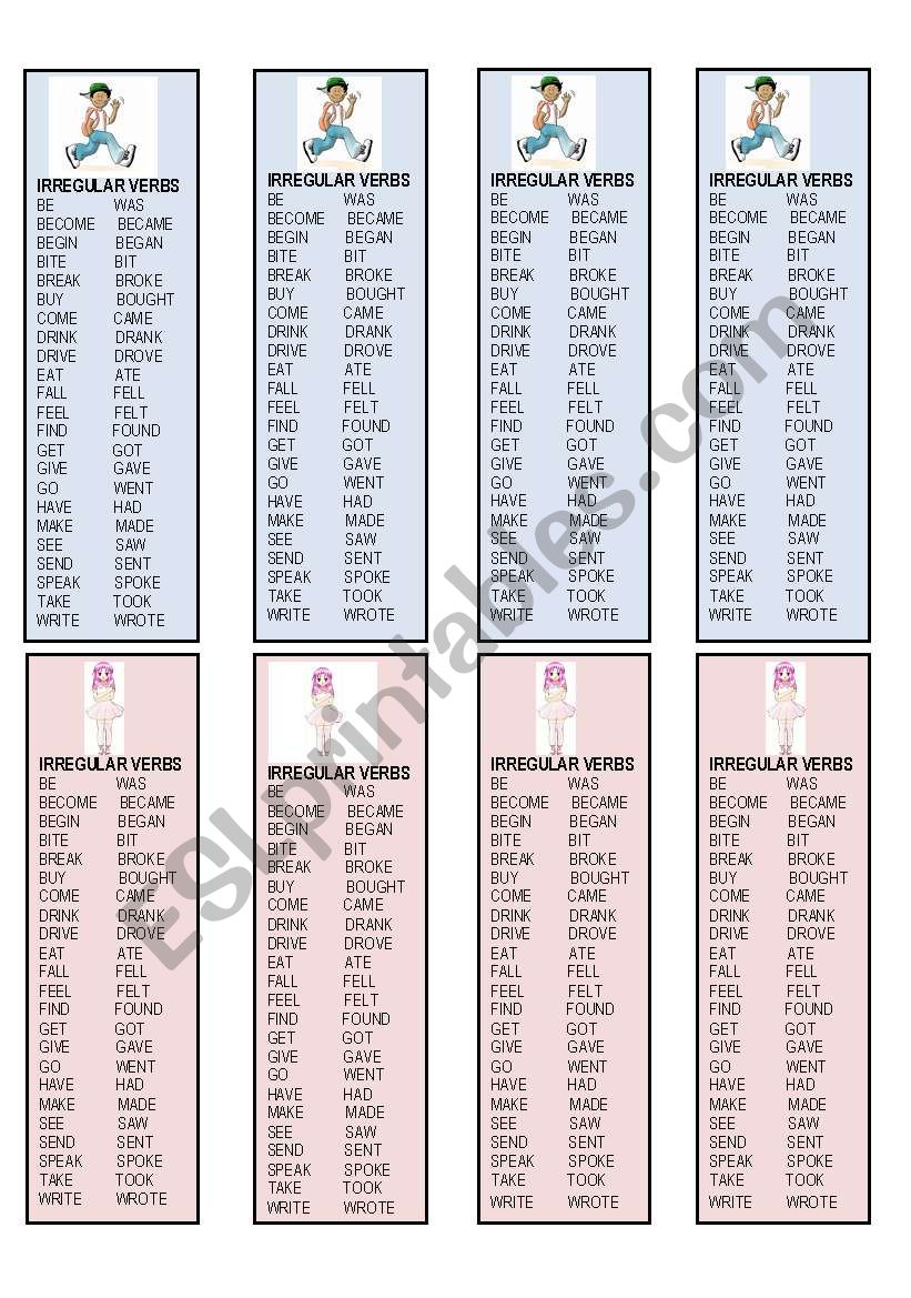 Irregular verbs bookmarks worksheet