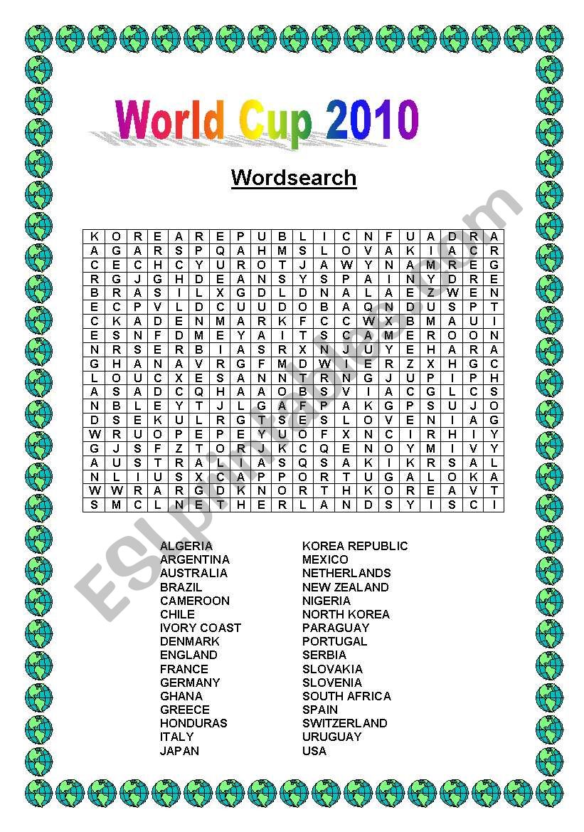 World Cup 2010 Wordsearch worksheet