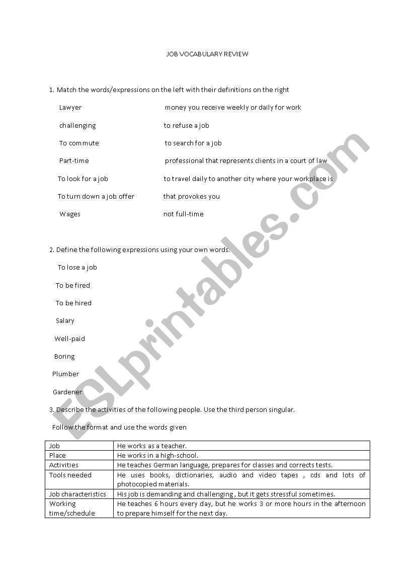 Jobs review worksheet