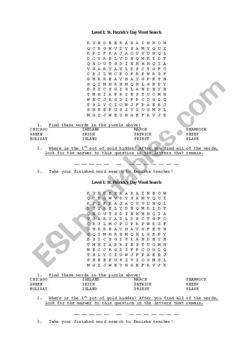 St. Patricks Day Word Search worksheet