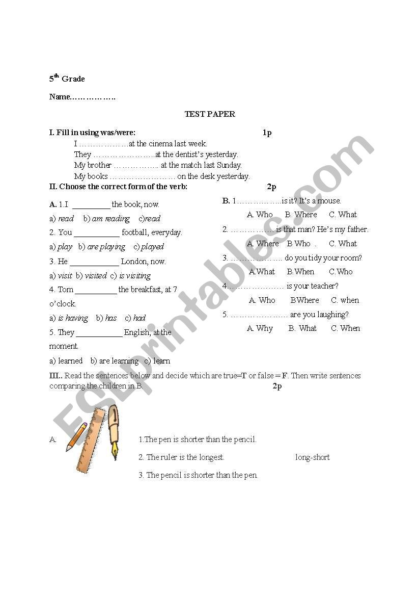 test paper worksheet