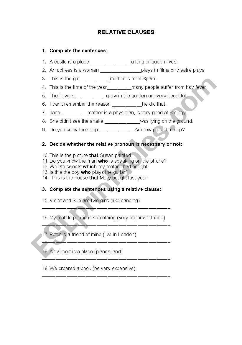 Relative Clauses worksheet