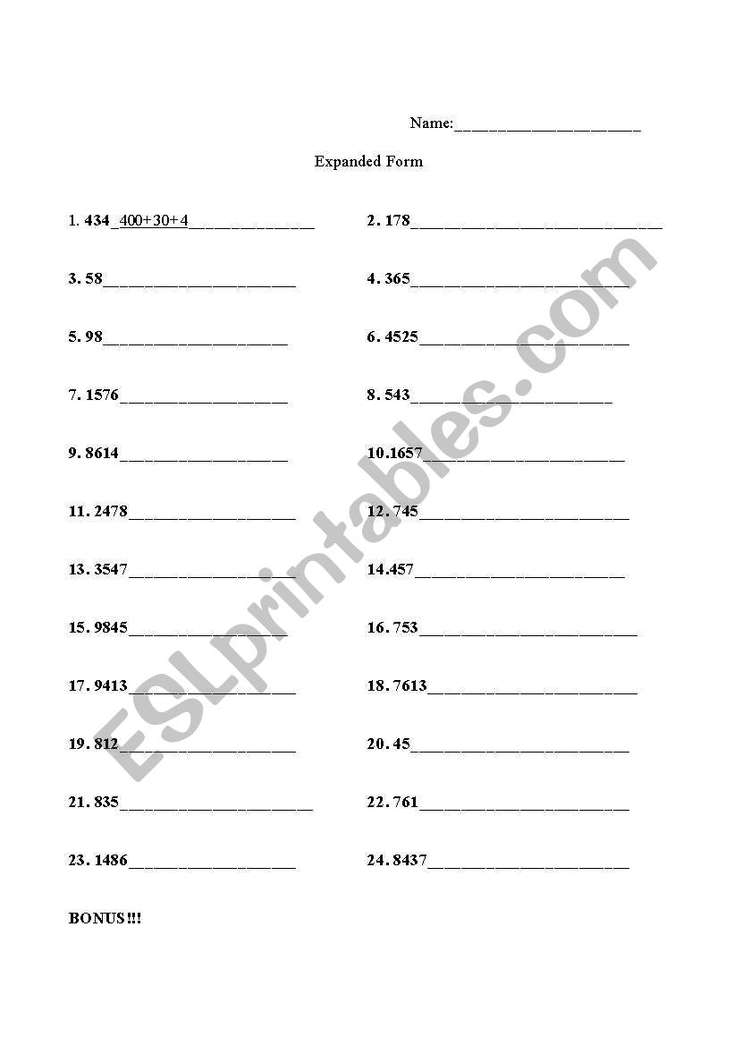 Expanded Form worksheet