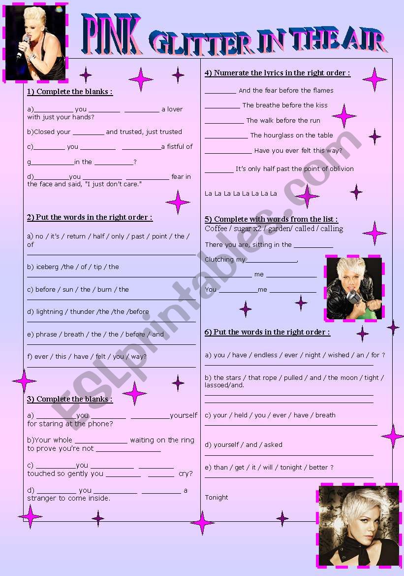 Song: Pink Glitter in the air worksheet