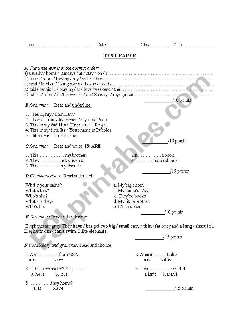test paper worksheet