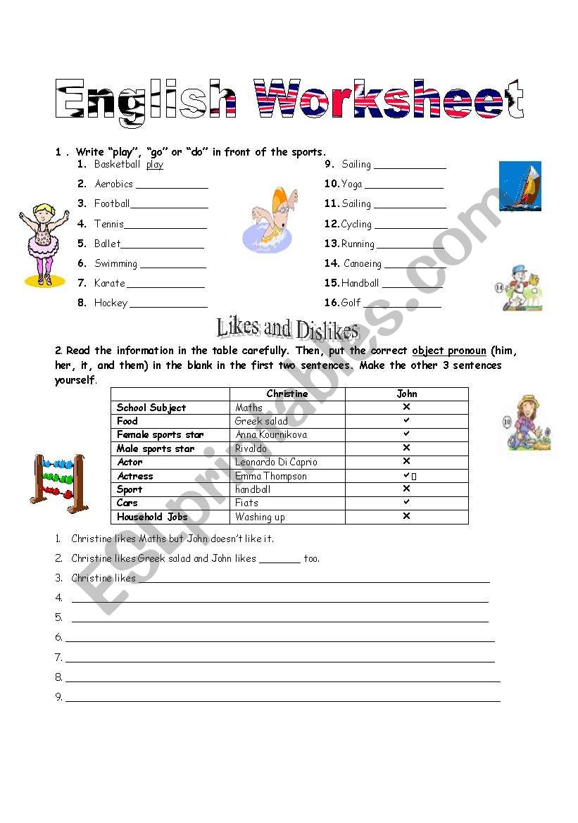 Like and dislike; sport worksheet