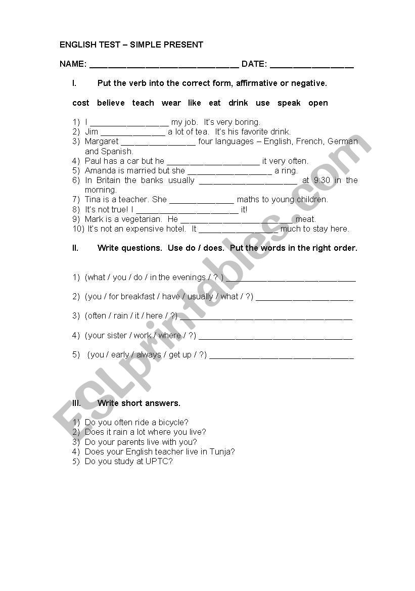 Simple Present Test worksheet