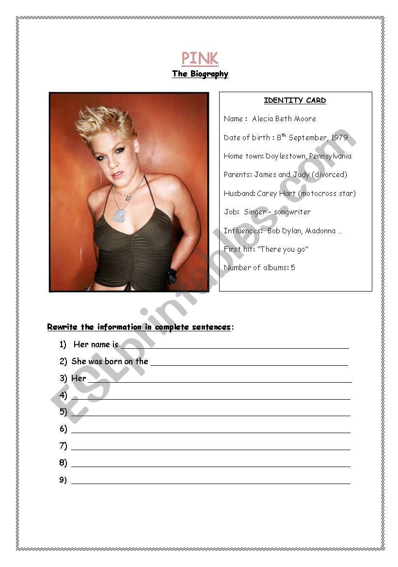 Pink - the biography worksheet