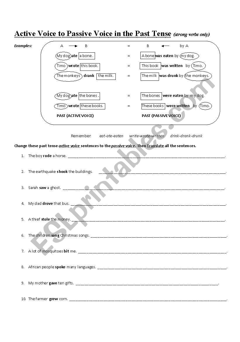 Active Voice to Passive Voice in the Past Tense (strong verbs only)