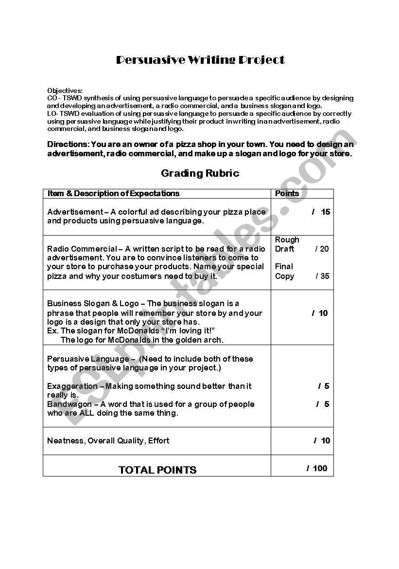 Persuasive Language Project worksheet