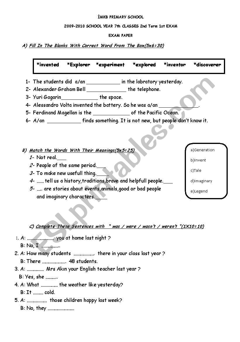 7th class exam paper worksheet