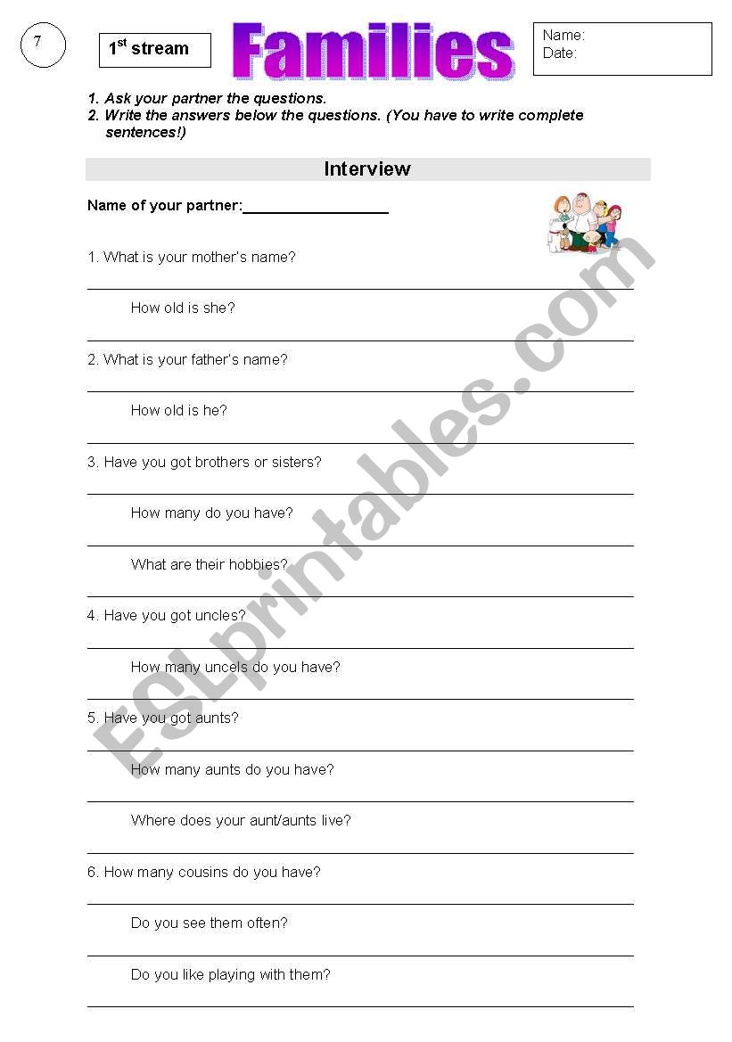 Interview about  families worksheet