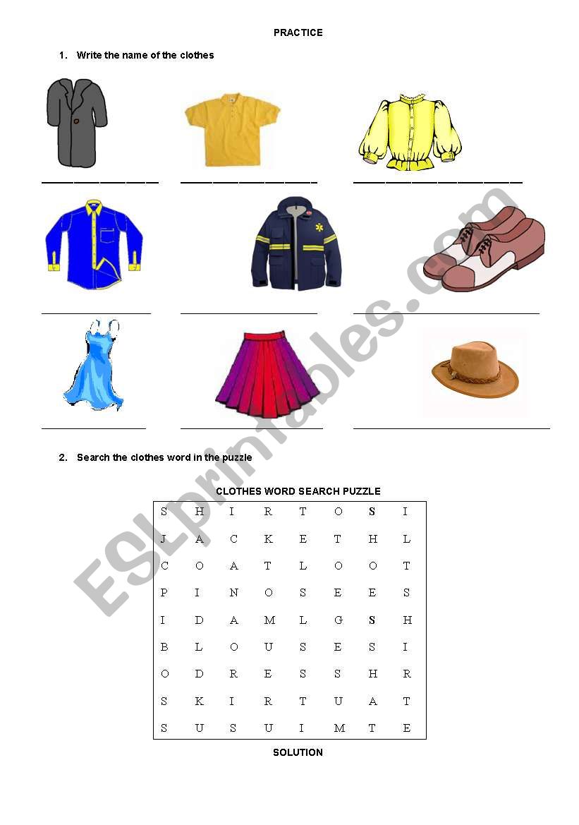 Clothes word search puzzle worksheet