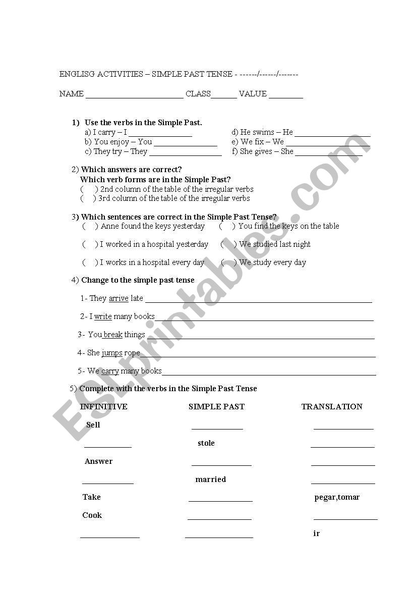 simple past tense worksheet