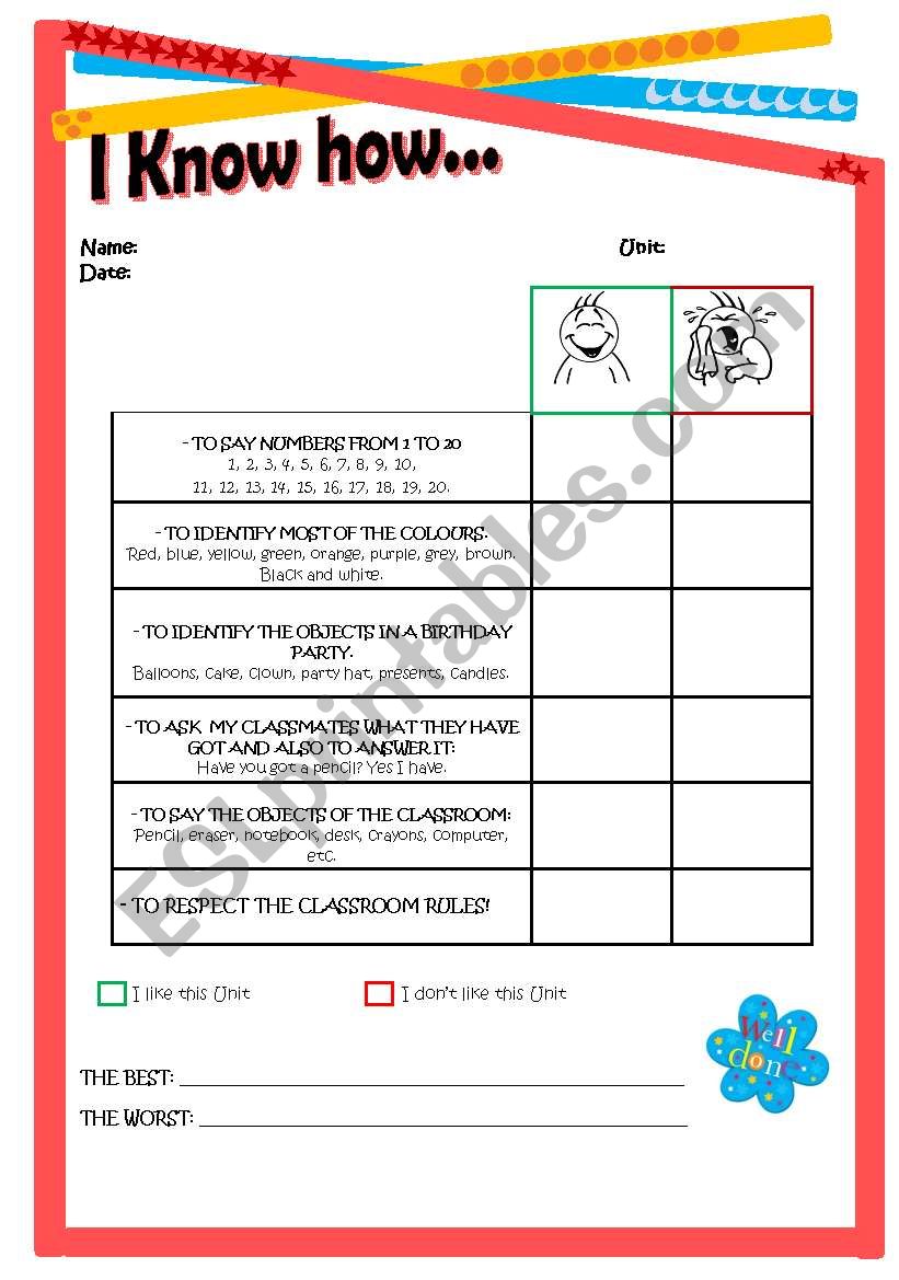 Self-evaluation for students worksheet