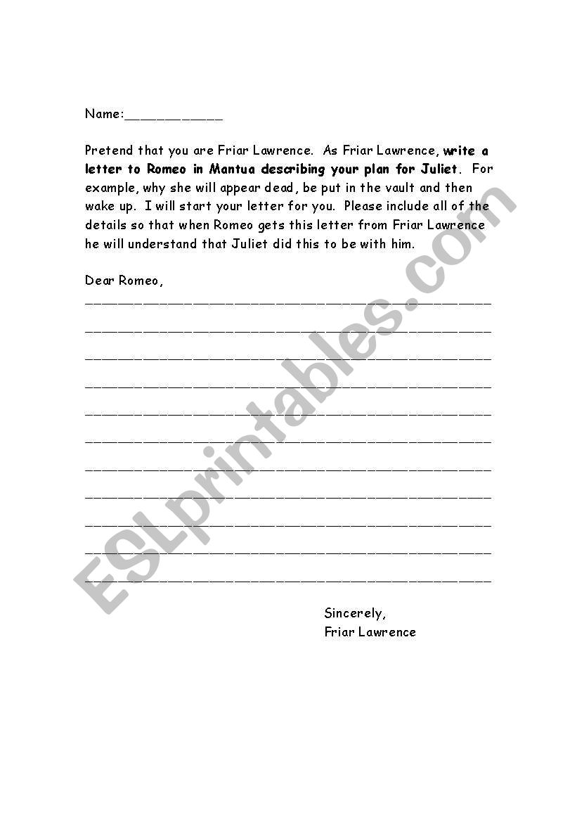 Letter to Romeo worksheet