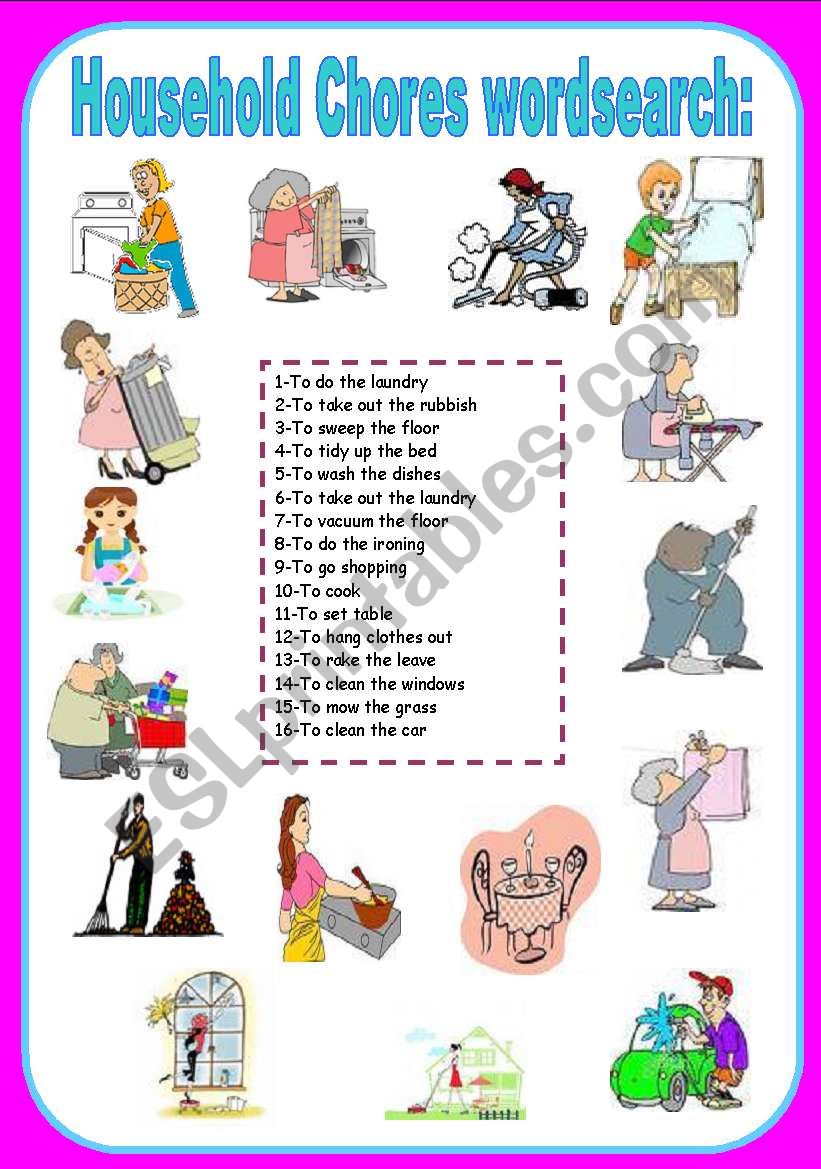 household chores wordsearch worksheet