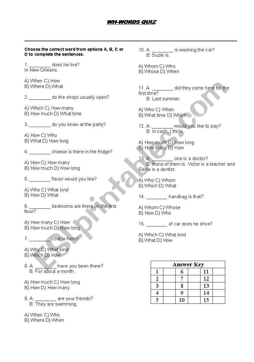 WH-words Quiz worksheet