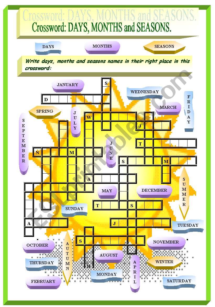 Days, months and seasons crossword.