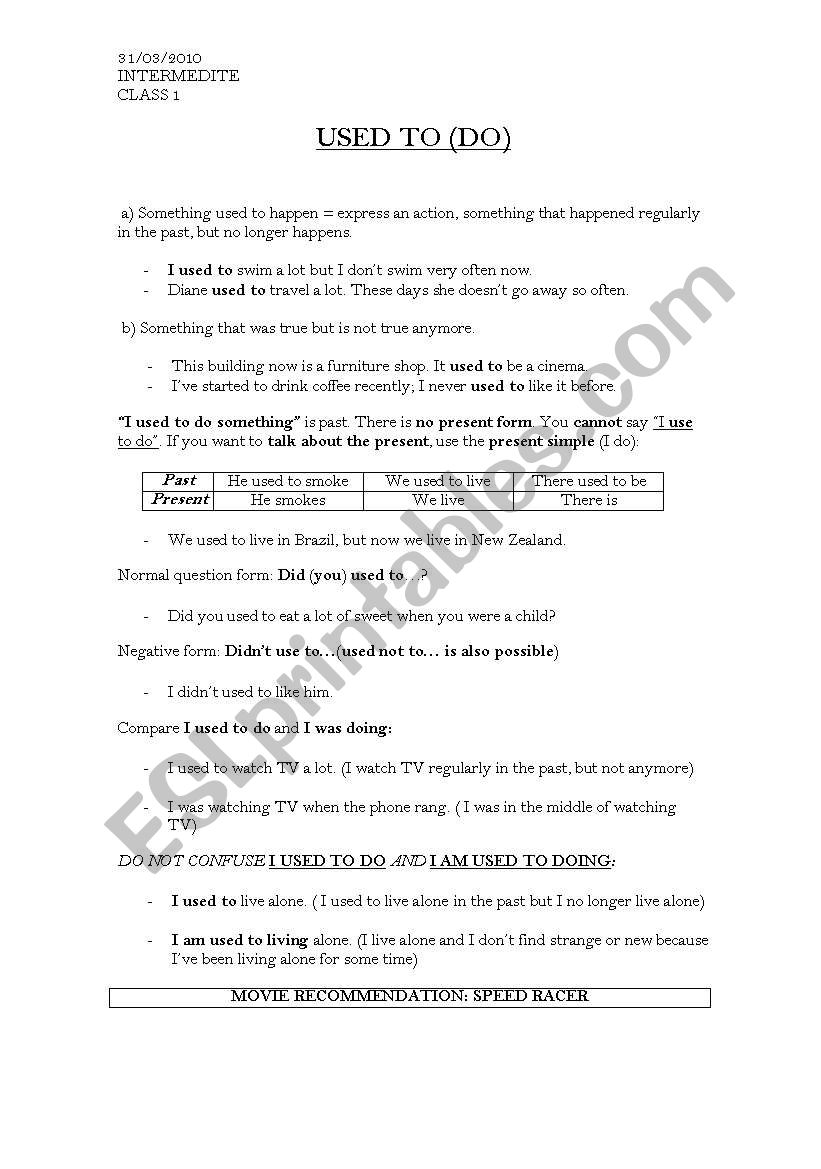 Used to (do) worksheet