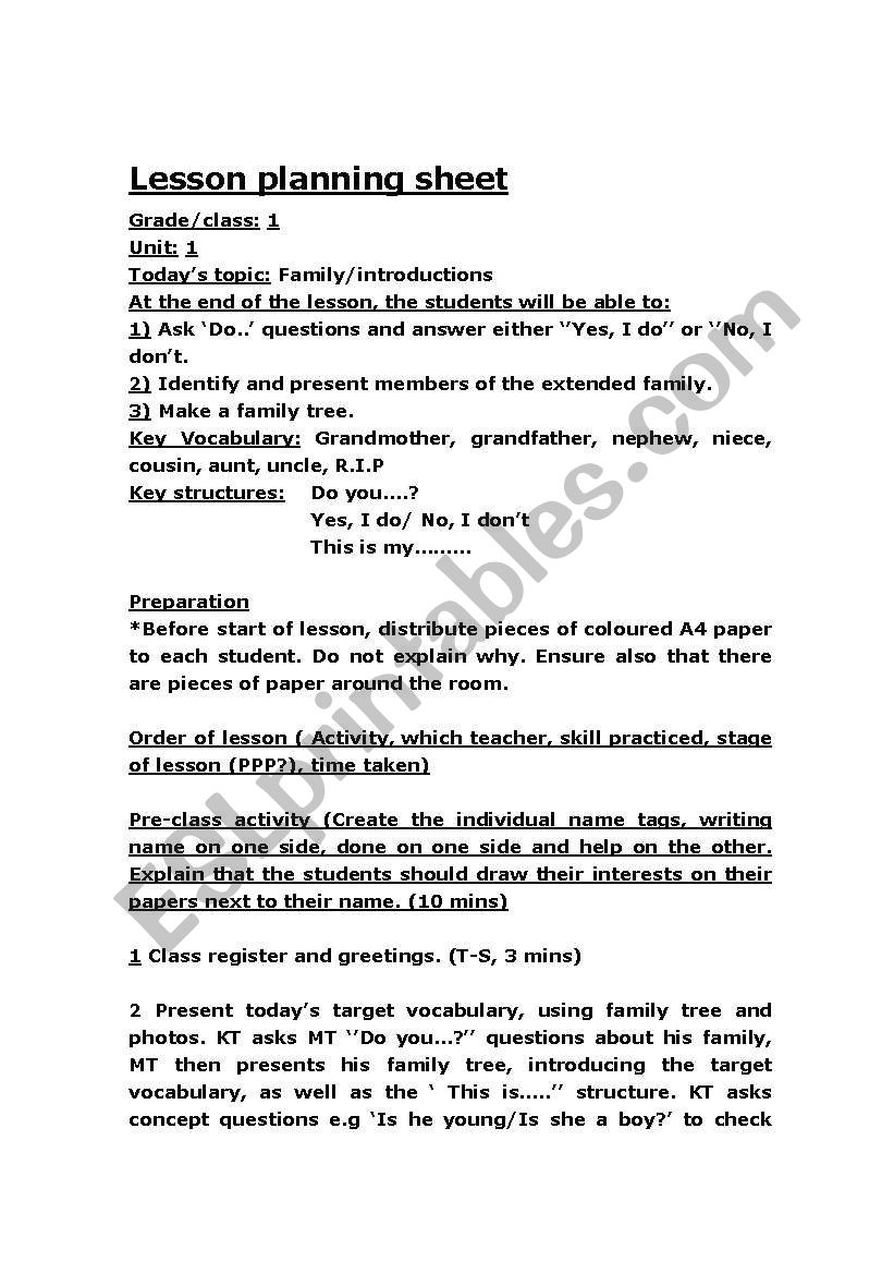 Family and introductions worksheet