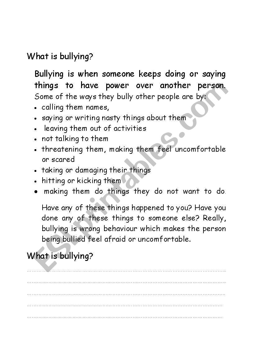 Worksheet on Bullying in school