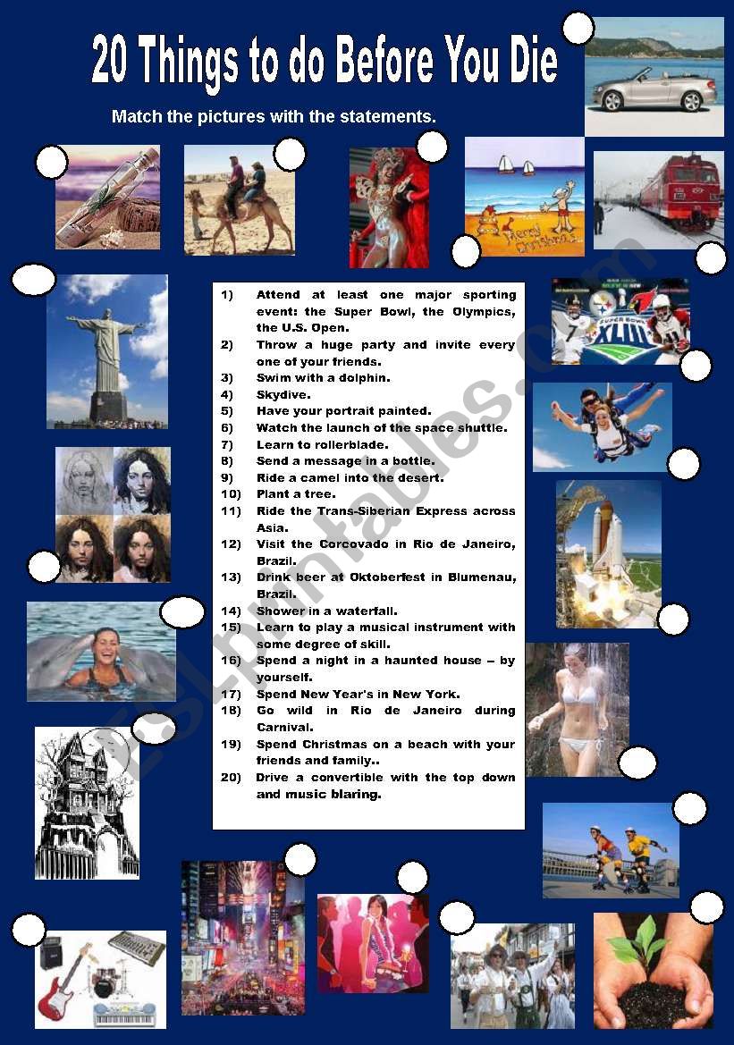 20 Things to do before you die (worksheet #1)