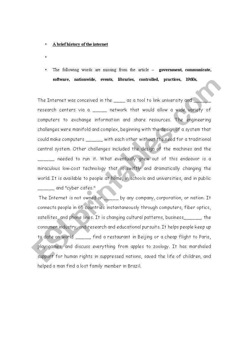 brief history of the internet worksheet