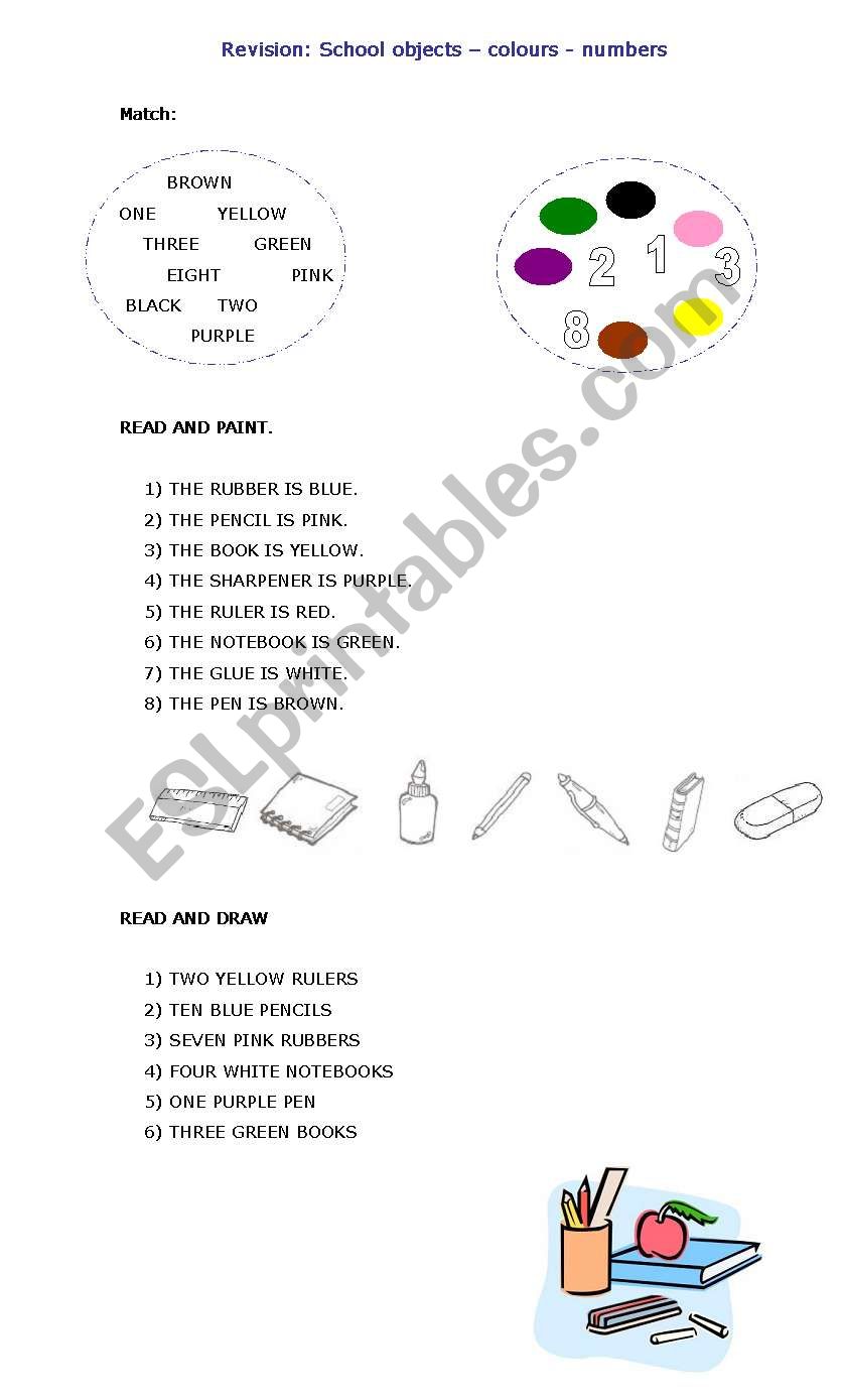 SCHOOL OBJECTS + NUMBERS + COLOURS