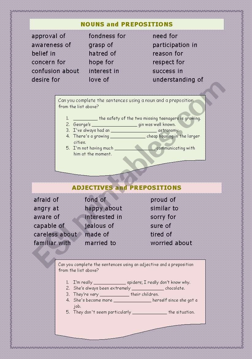 Nouns, Adjectives and Verbs and their prepositions