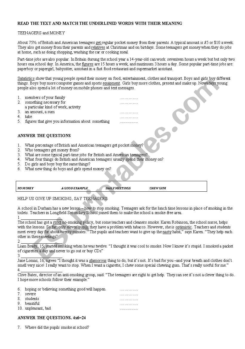 reading passages worksheet