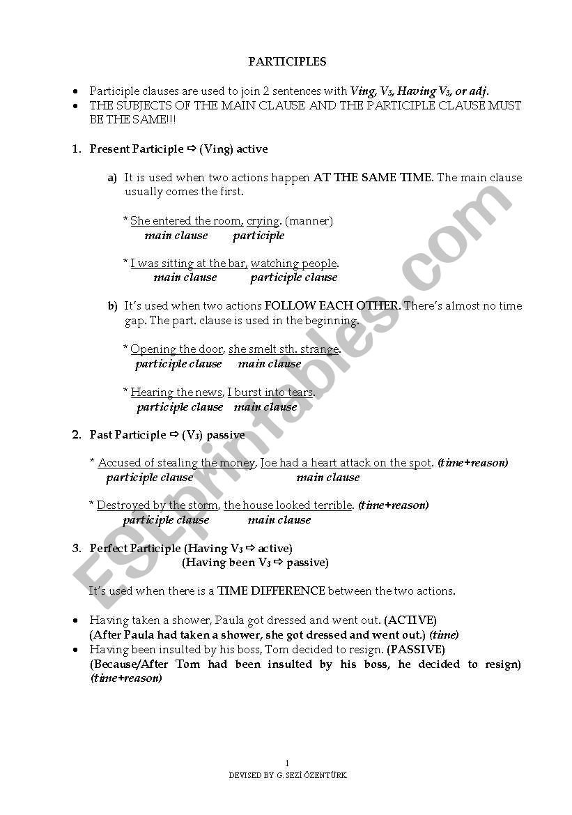 PARTICIPLES worksheet