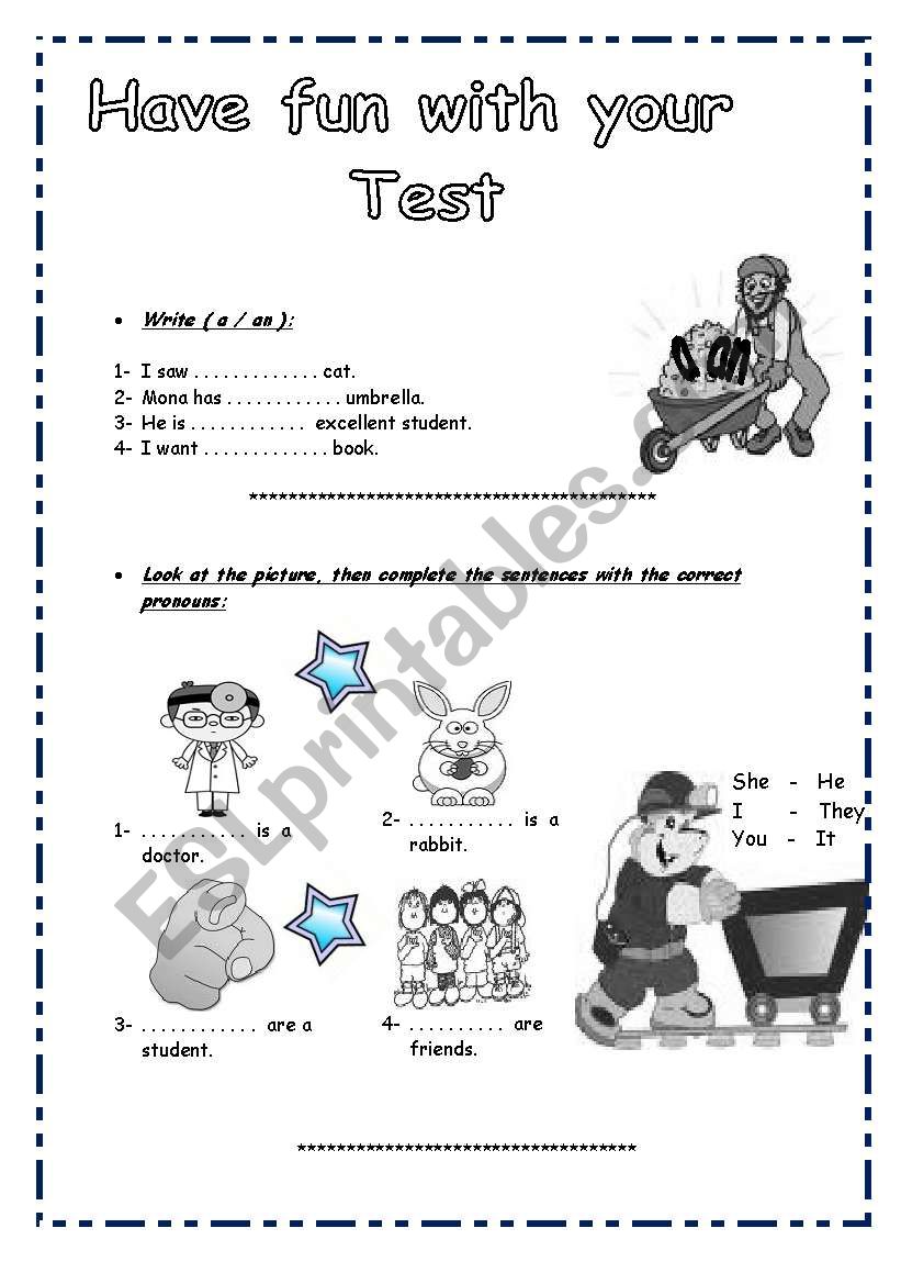 Test for beginners  (a/ an), Pronouns and Verb to be ( 2 pages )