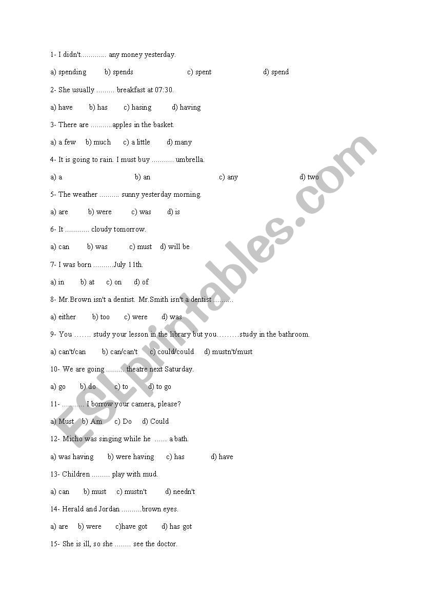 test for  present or past worksheet