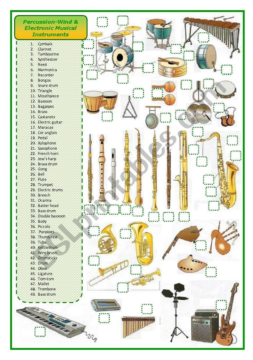 Percussion-wind-electronic musical instruments-matching 