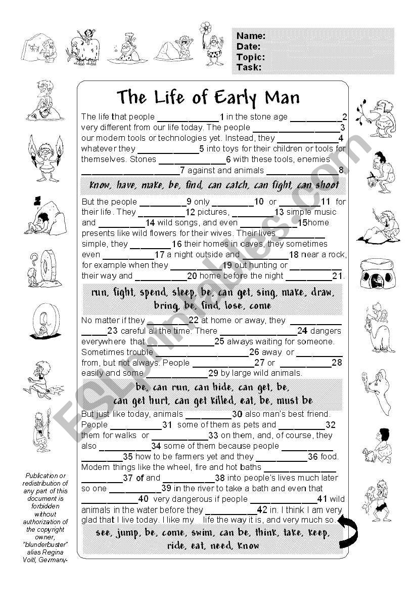 Irregular Verbs & Past Tenses (+ Key & BW Version) - The Life of Early Man - Practice (Past Simple, Past Perfect + Passive & Past Modals) (by blunderbuster)