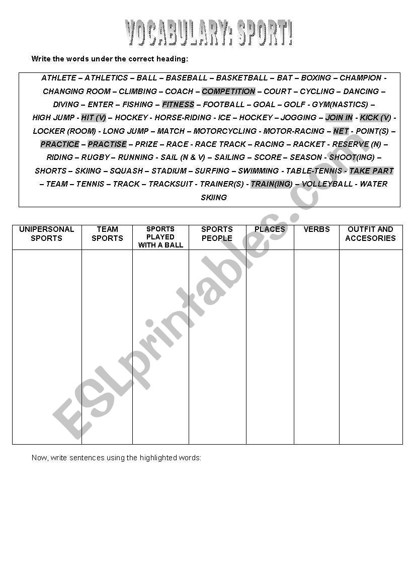 sports vocabulary revision worksheet