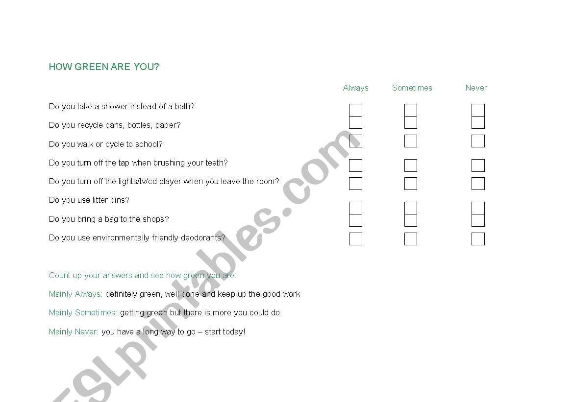 How Green Are You? Quiz worksheet