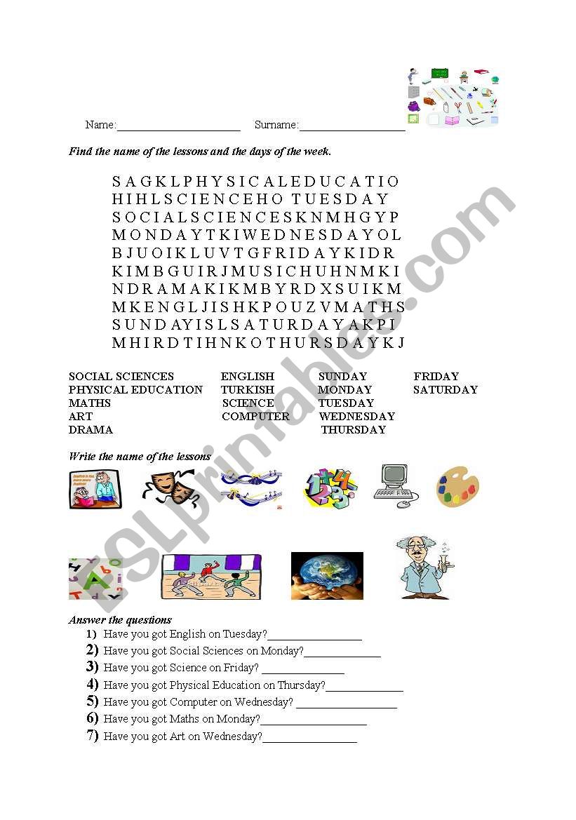 days of the week and lessons worksheet