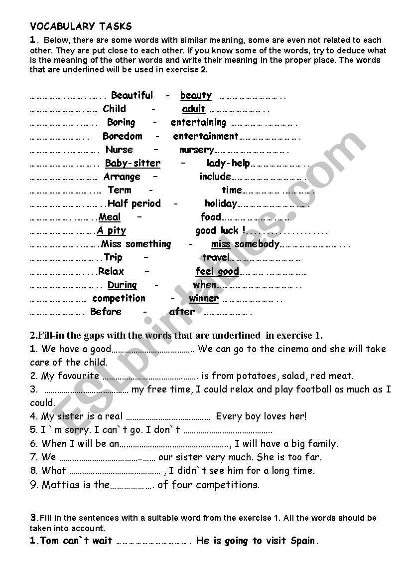 Vocabulary test worksheet