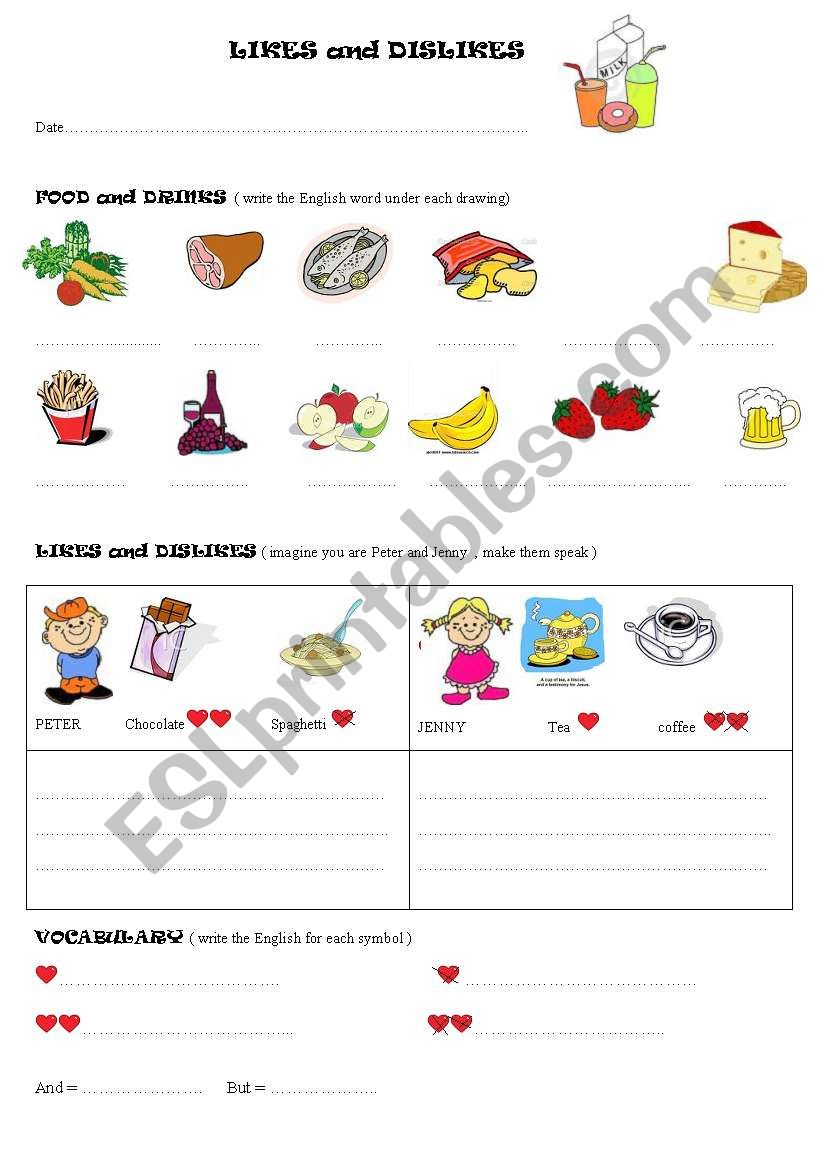 likes and dislikes + food worksheet