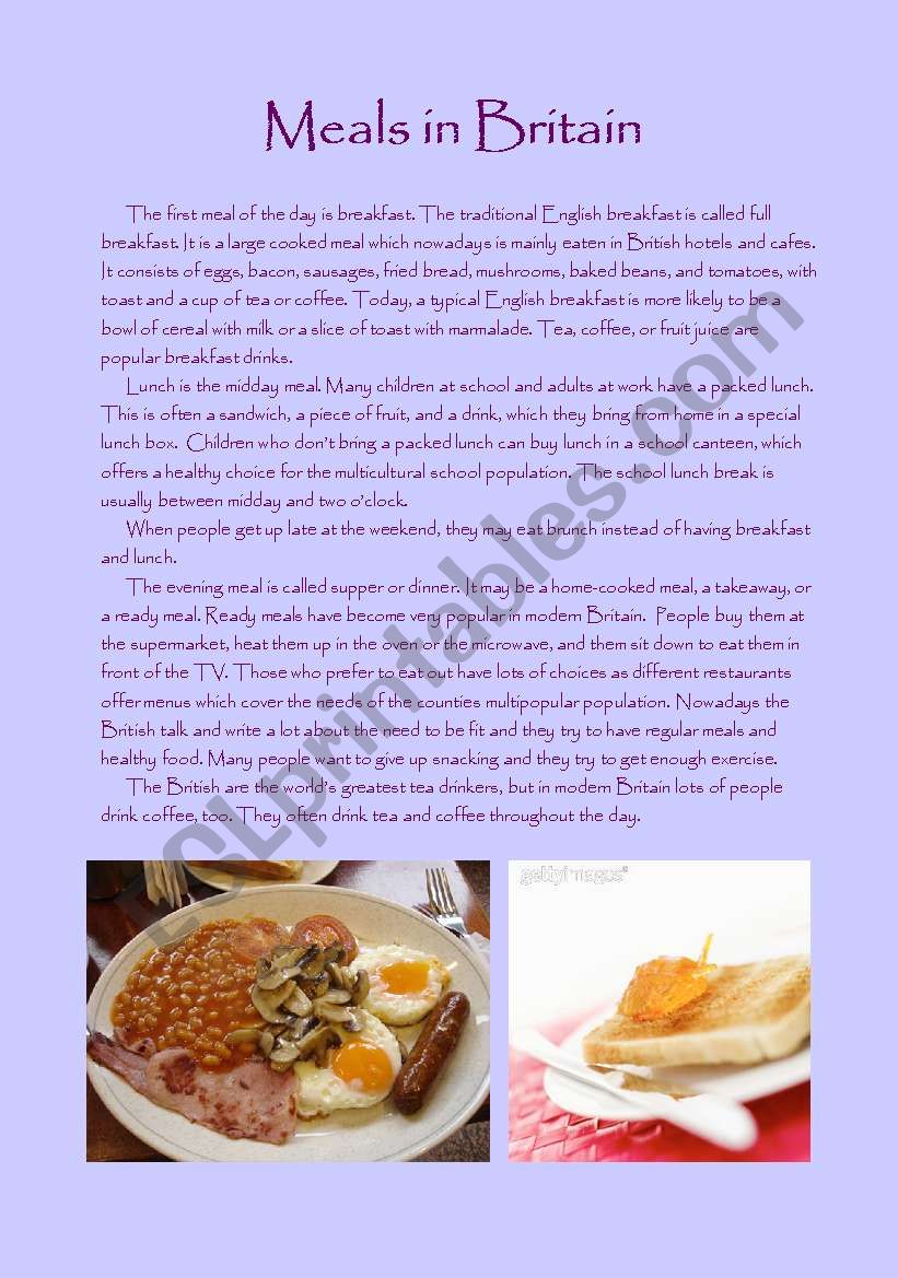Meals in Britain worksheet