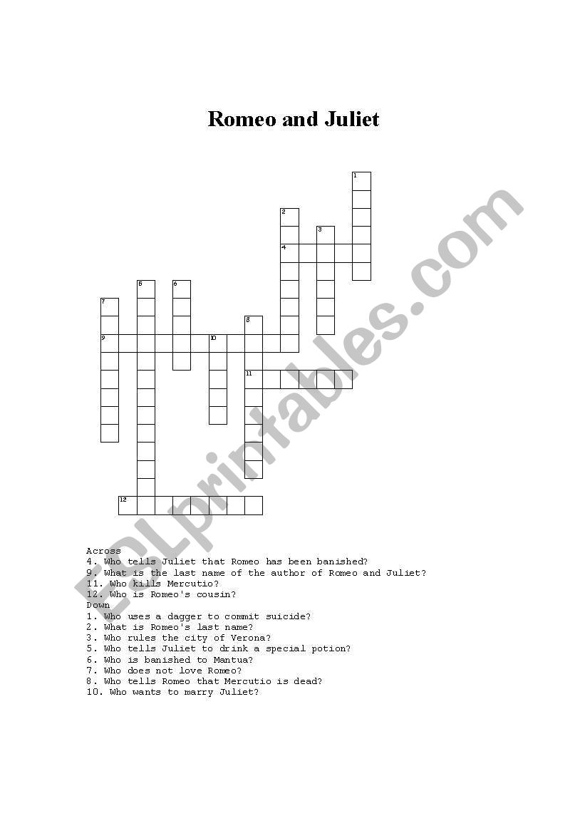 Romeo and Juliet crossword worksheet