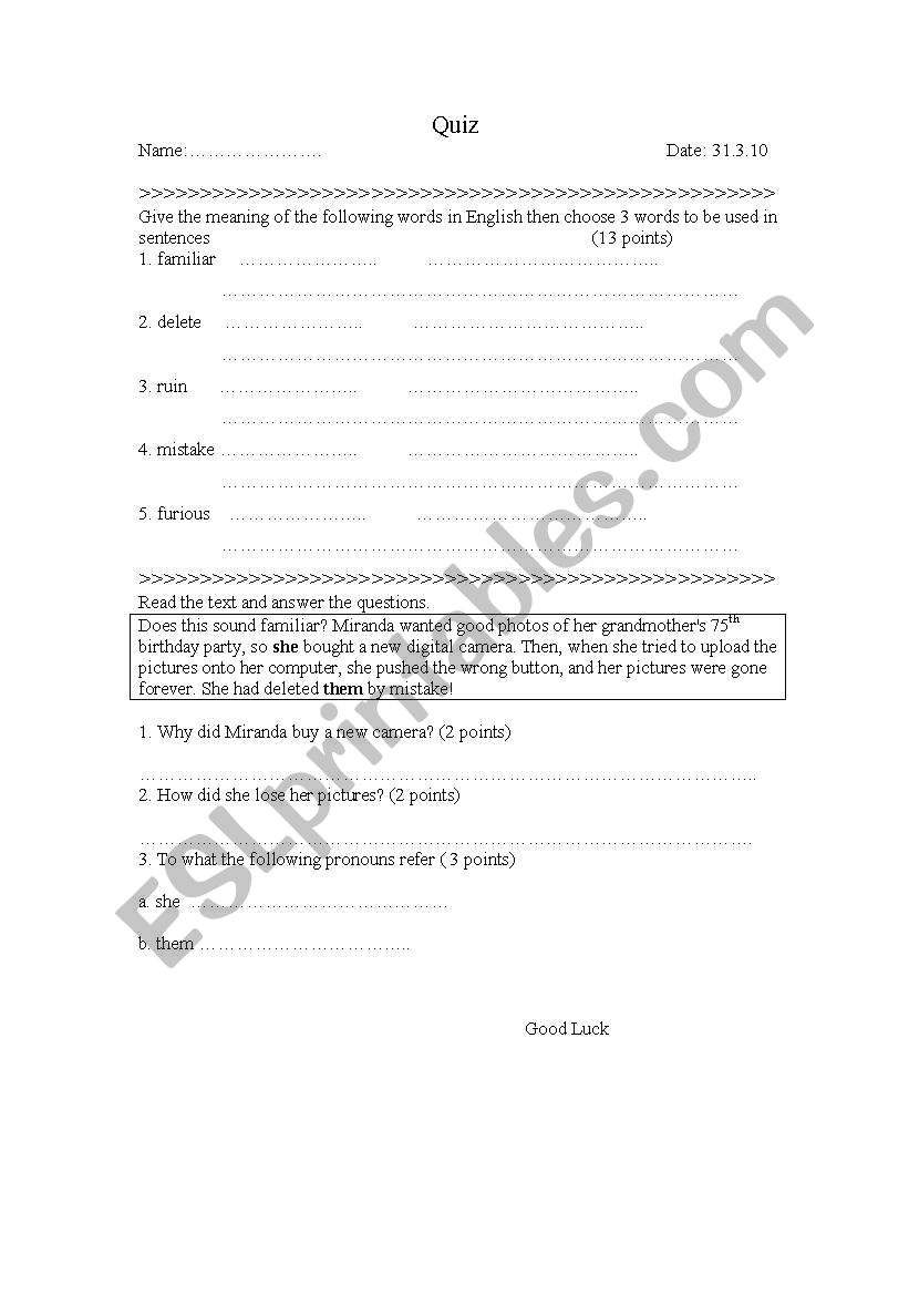 short quiz worksheet