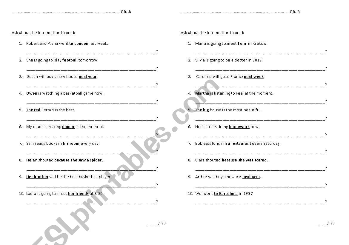 Question Formation - test worksheet