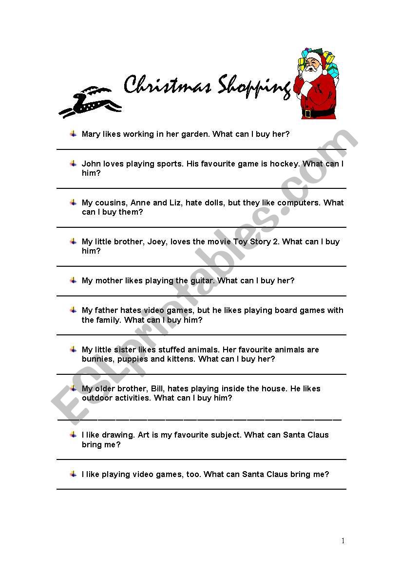 Christmas Shopping worksheet