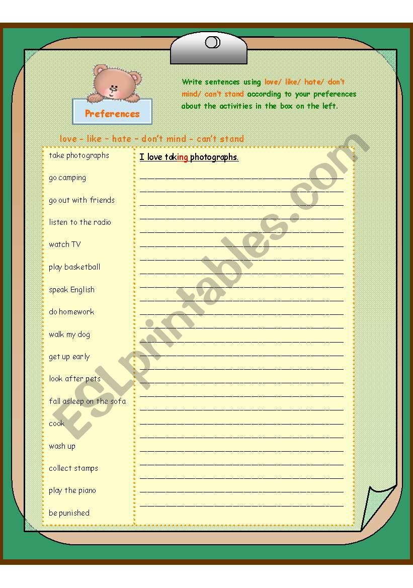 Preferences worksheet