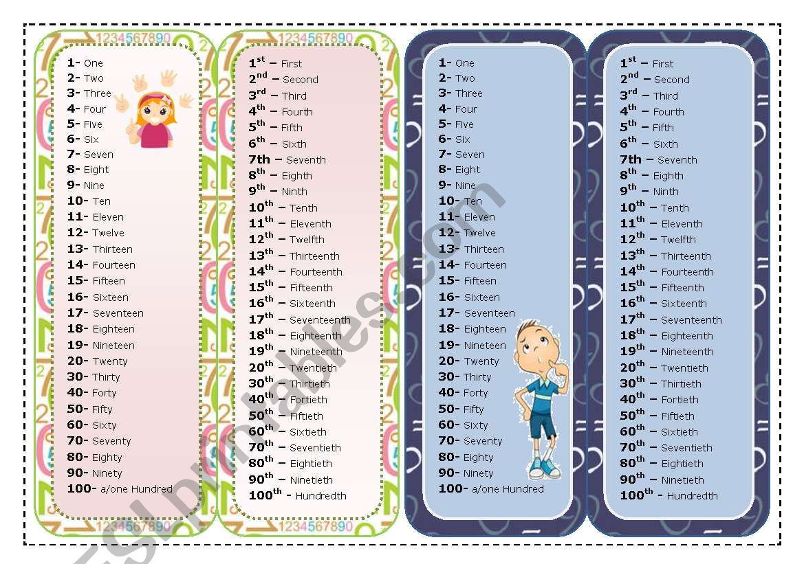 NUMBERS BOOKMARKS worksheet