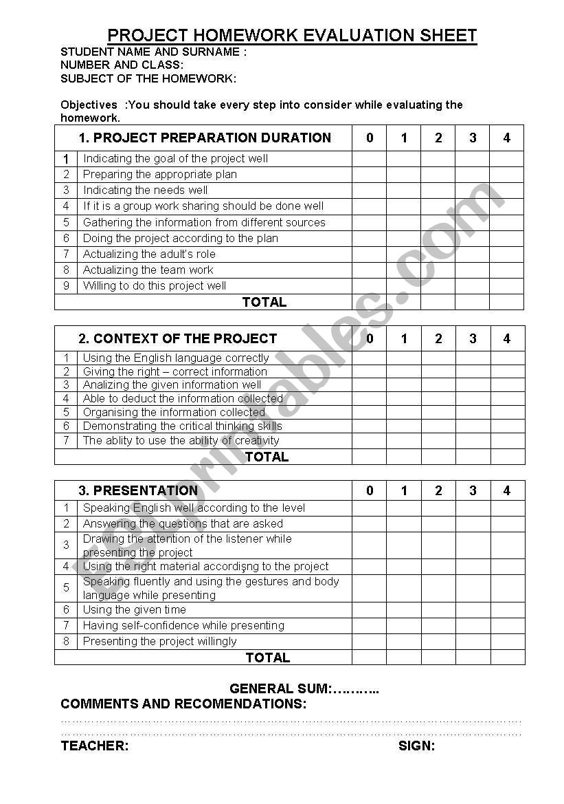 Project Homework Evaluation Sheet Esl Worksheet By Bernaerkut