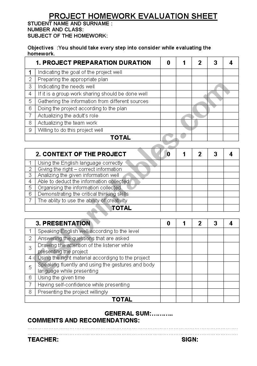 PROJECT HOMEWORK EVALUATION SHEET